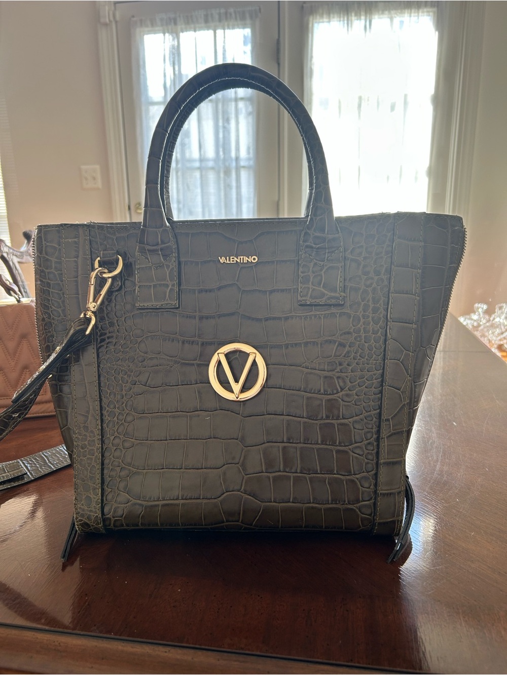 Valentino Black Croc-Embossed Satchel with Gold Logo